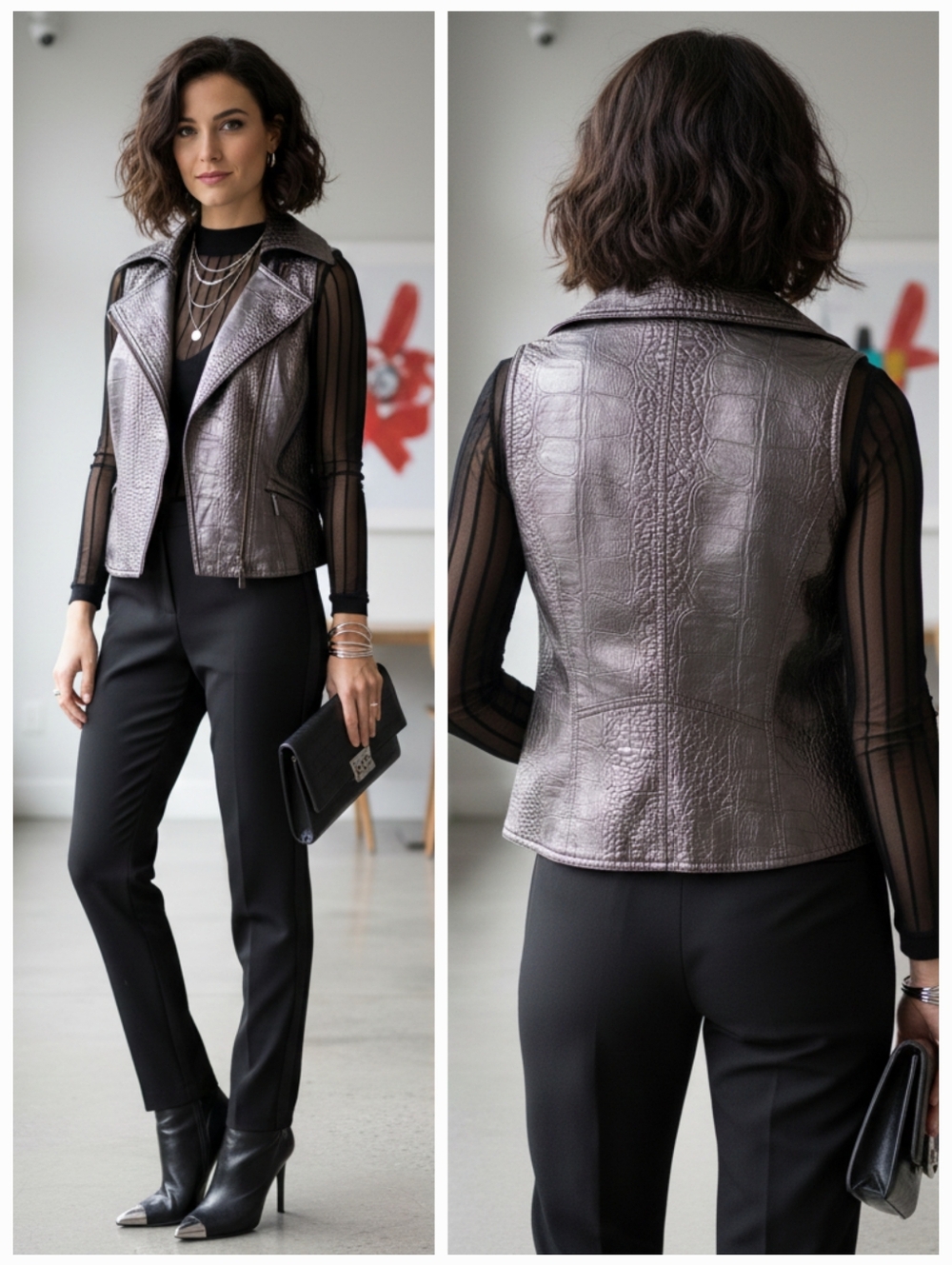 Bebe M Vintage Y2K Modern Contemporary Croc Embossed Metallic Vegan Moto Vest